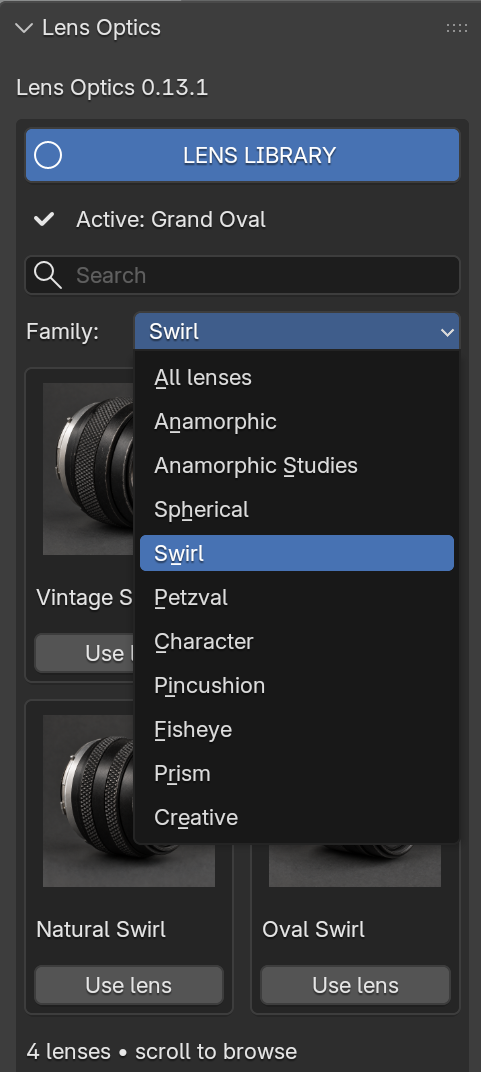 Lens Library family menu open in Blender