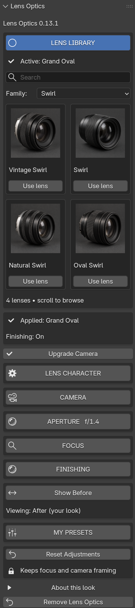 The full Lens Optics sidebar panel in Blender
