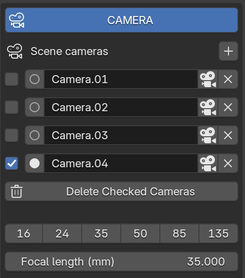 Camera panel in Blender with four scene cameras and focal length presets