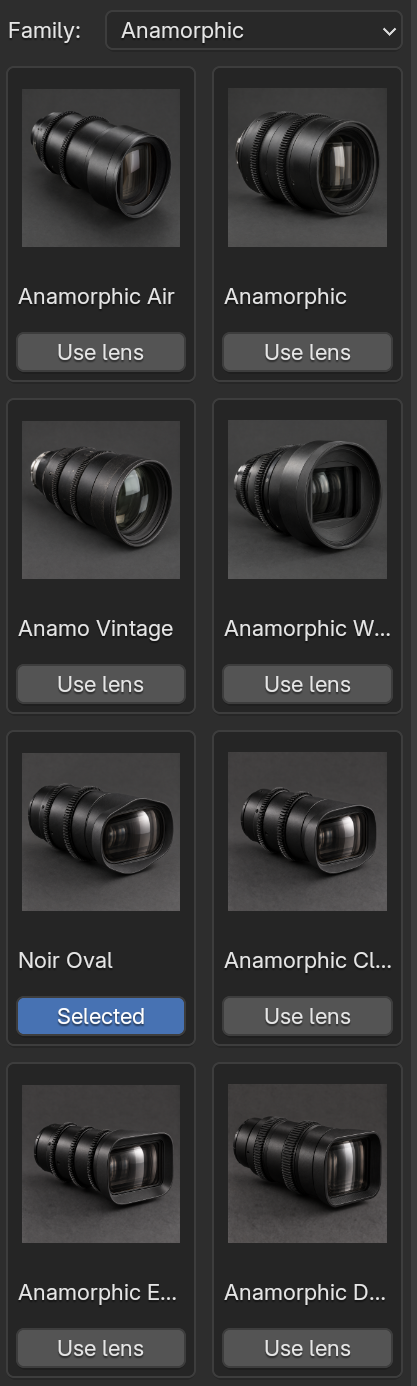 Lens Library in Blender showing the Anamorphic family as a two-column grid