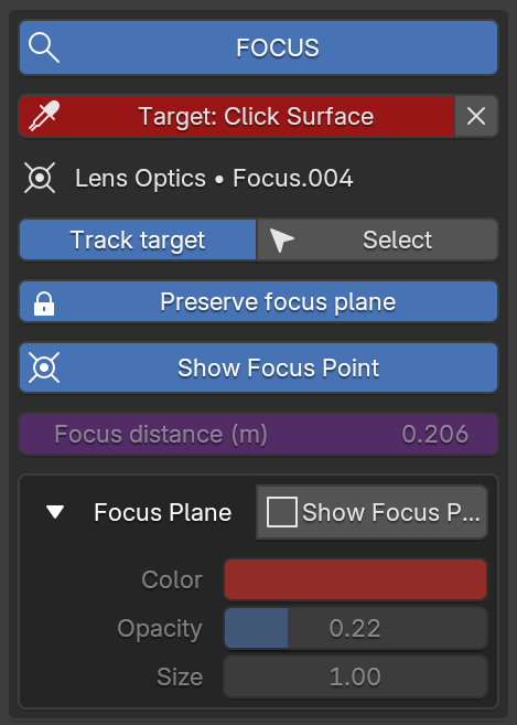Focus panel in Blender with Target: Click Surface, Track target, Preserve focus plane and focus plane display