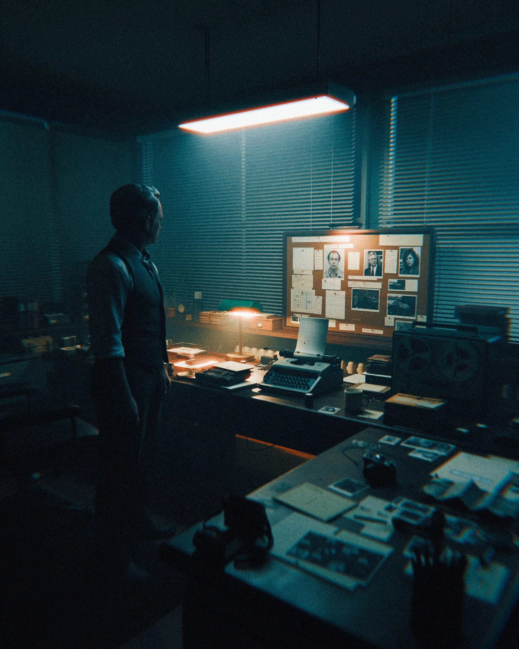 Finished detective room with cool window light, warm practical lamps, a detective and photographic evidence