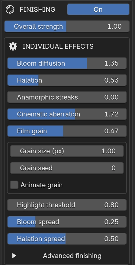 Lens Optics Finishing panel with individual effects, film grain, and highlight controls