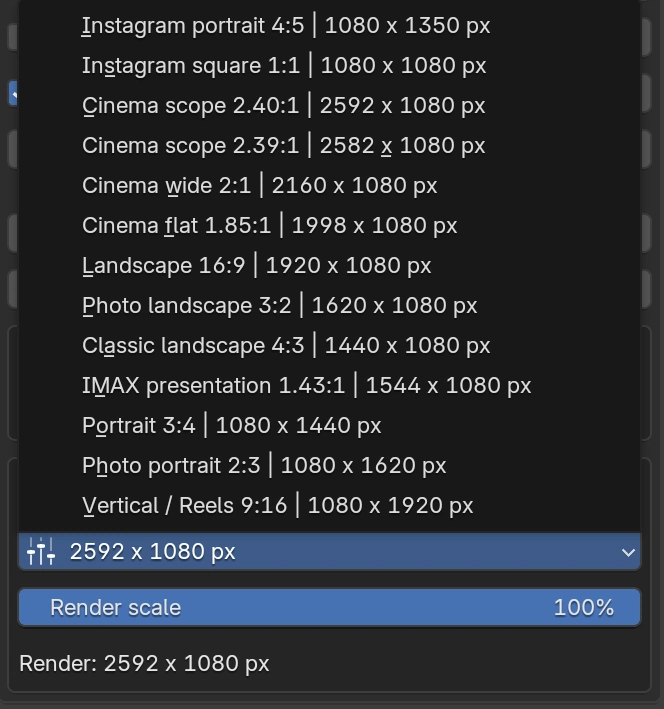 Output ratio presets and the Render scale control in Lens Optics